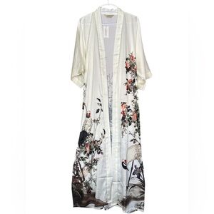 Ledamon Polyester Long Kimono Off White Roses Birds NWT